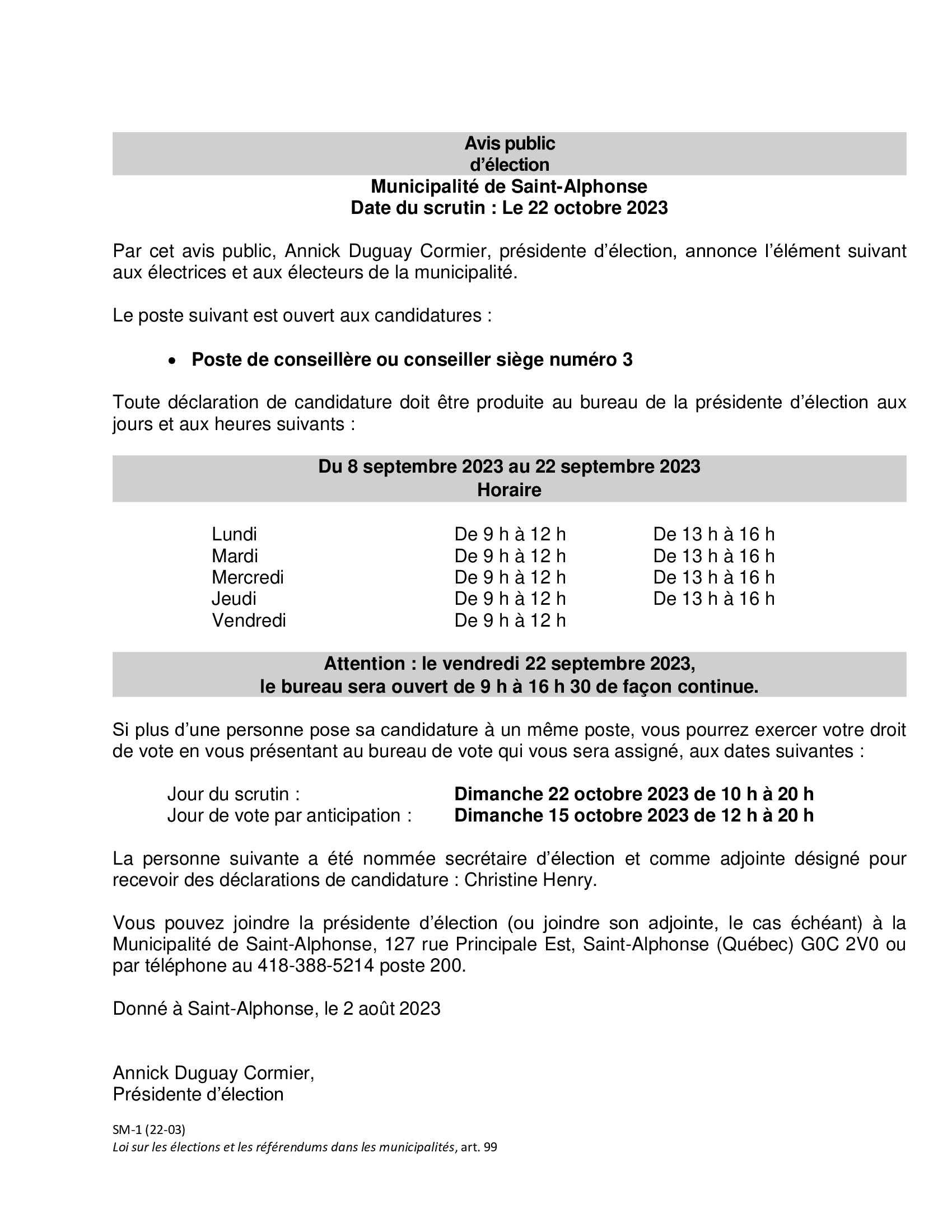 SM 1 avis public d élection