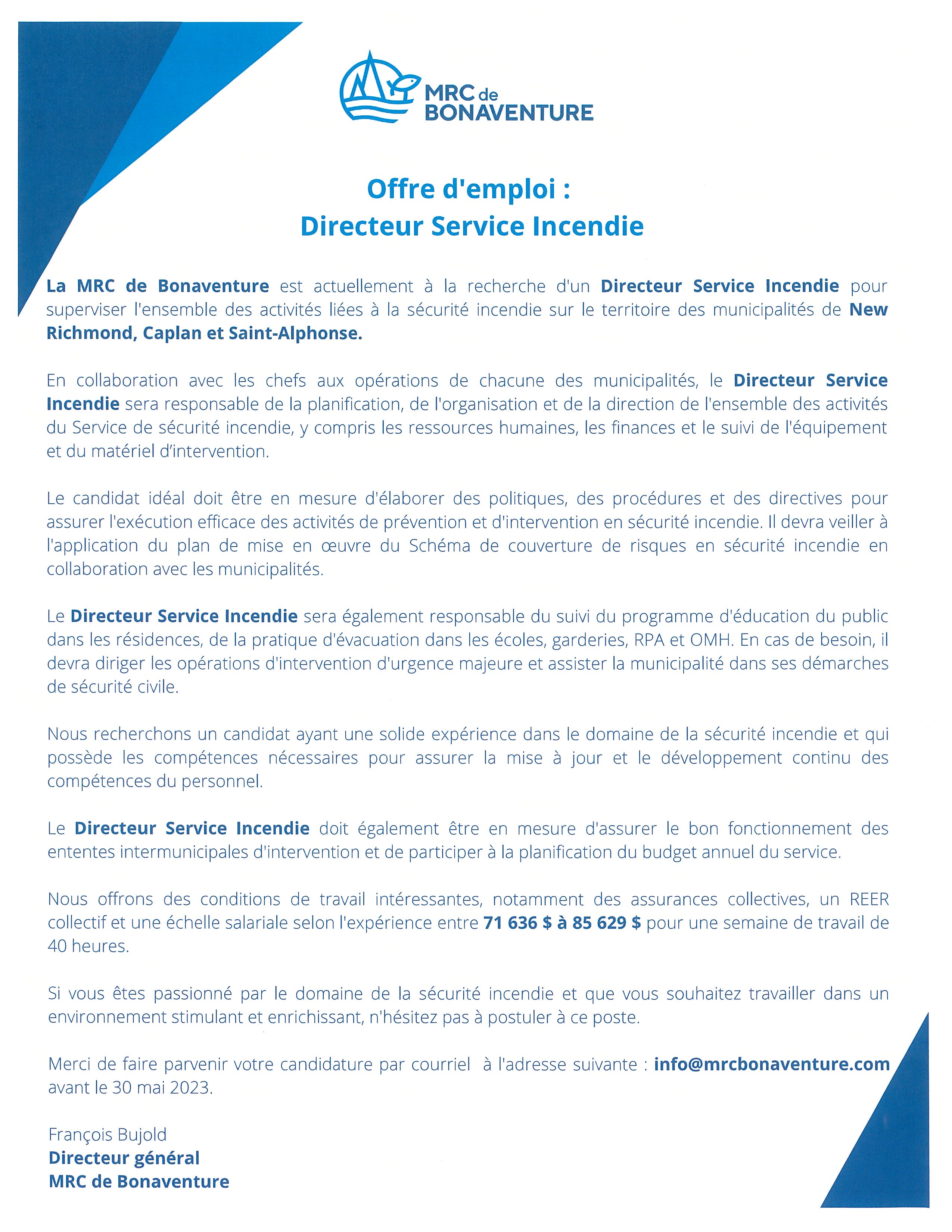 Offre demploi Directeur Service Incendie mai 2023